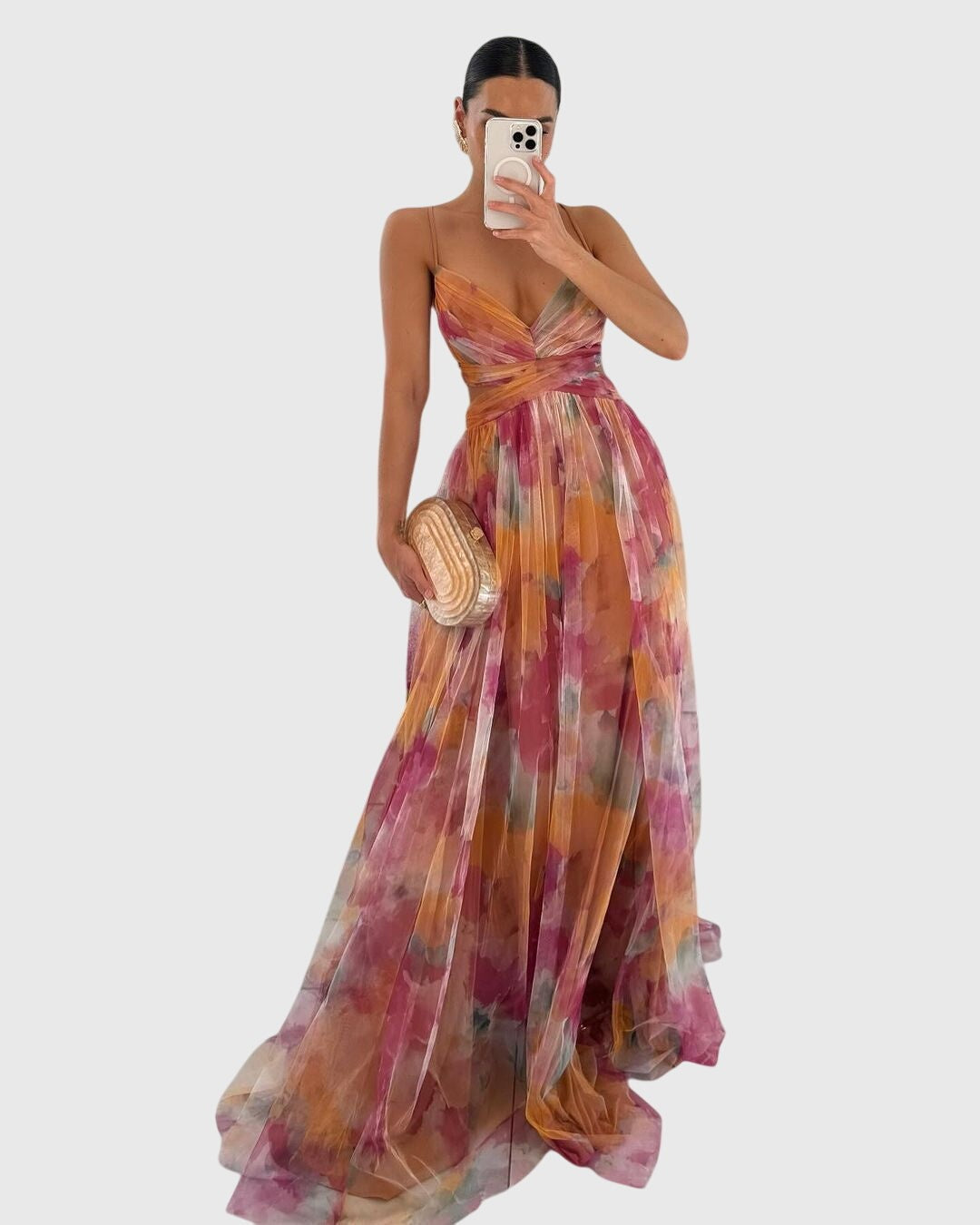 Watercolor floral maxi dress with cutout waist and flowing tulle skirt