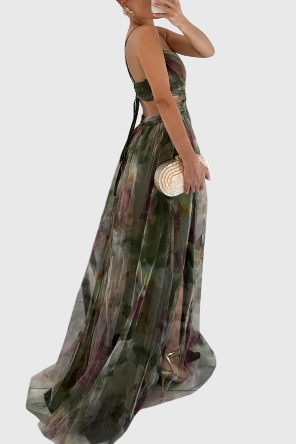 Side profile of olive floral maxi dress with sweeping tulle train