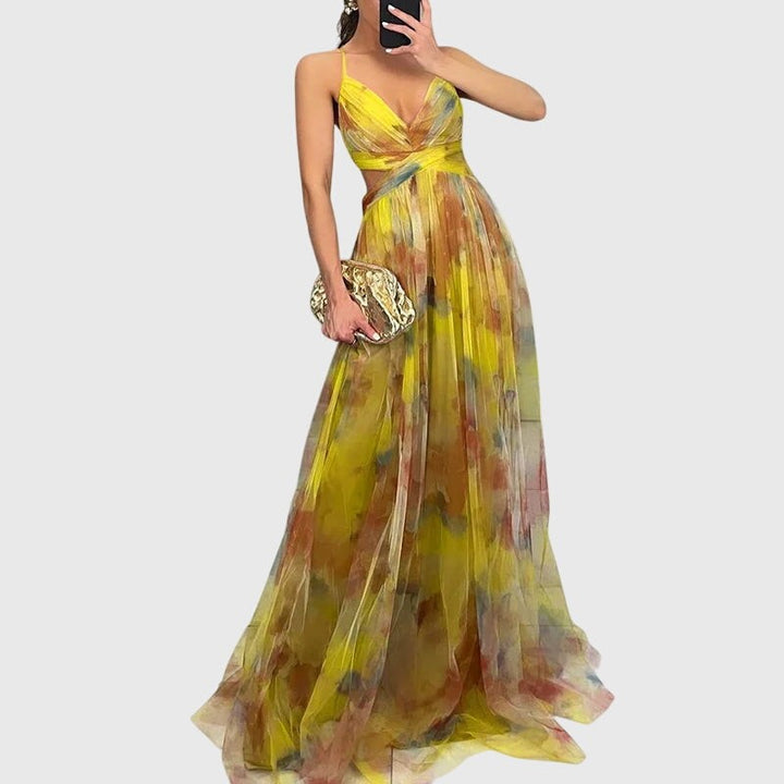 Yellow watercolor print maxi dress with V-neck and flowing tulle skirt