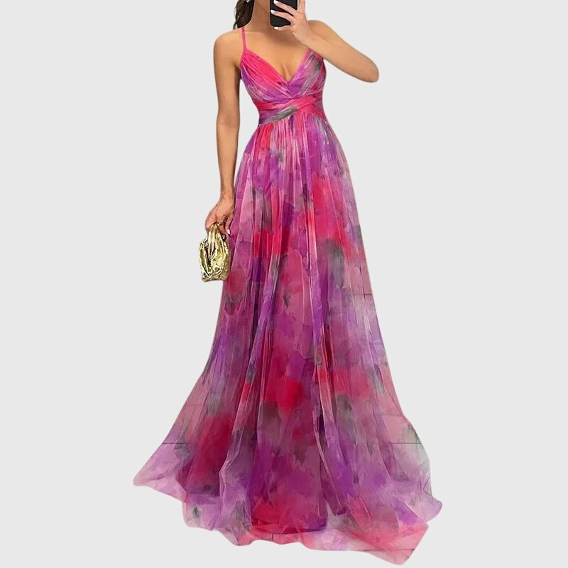 Pink and purple floral tulle maxi dress with V-neck and A-line silhouette