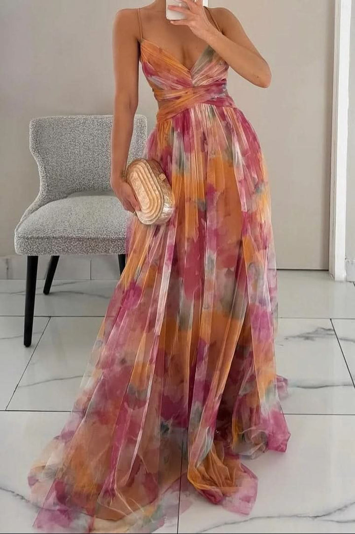 Pink and orange floral tulle maxi dress with crisscross waist detail