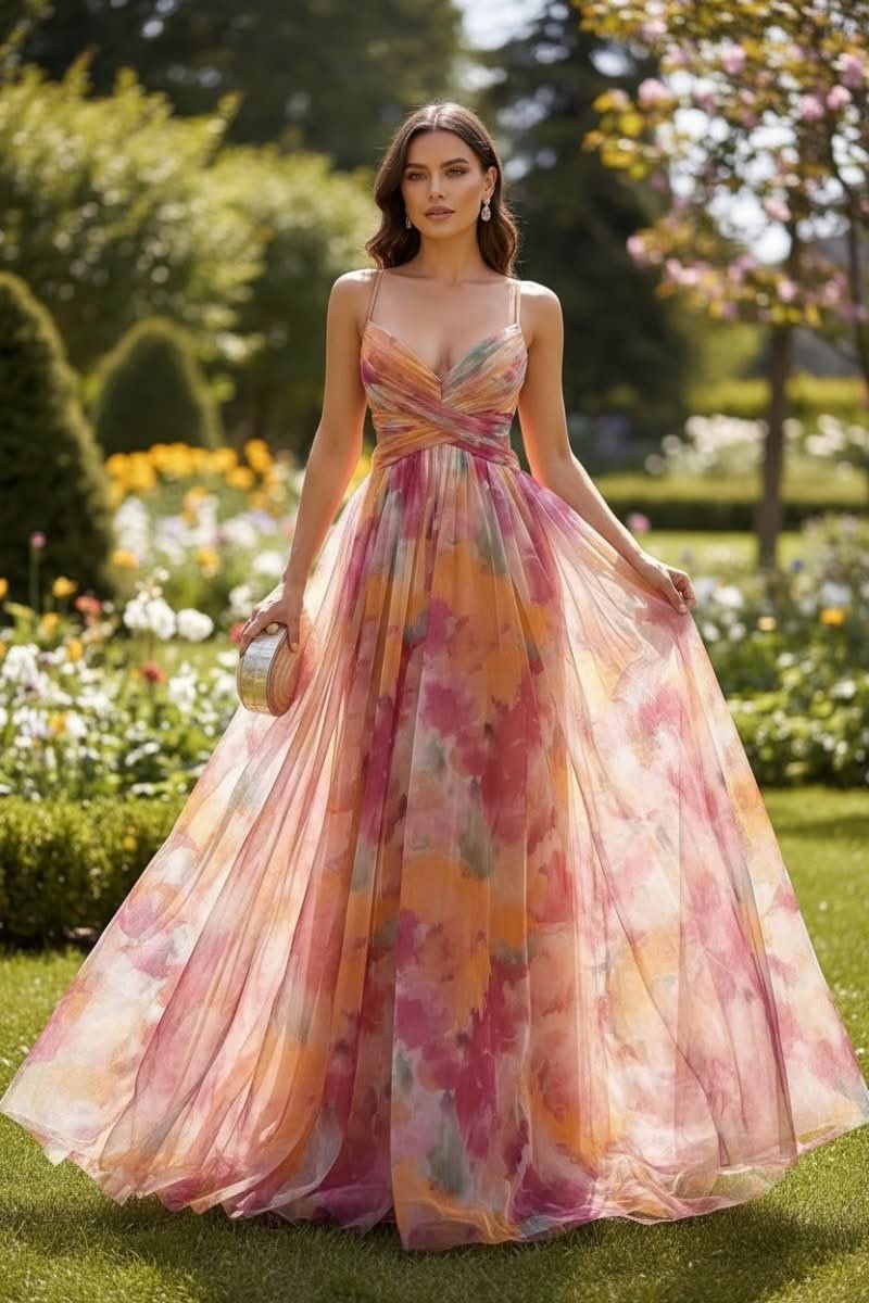 Model wearing floral tulle A-line gown in a garden setting