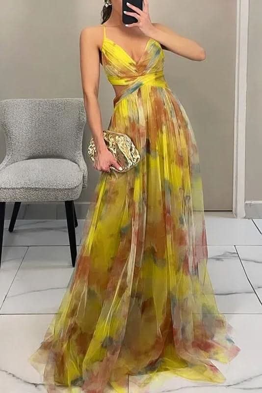 Yellow floral tulle maxi dress with spaghetti straps and V-neck
