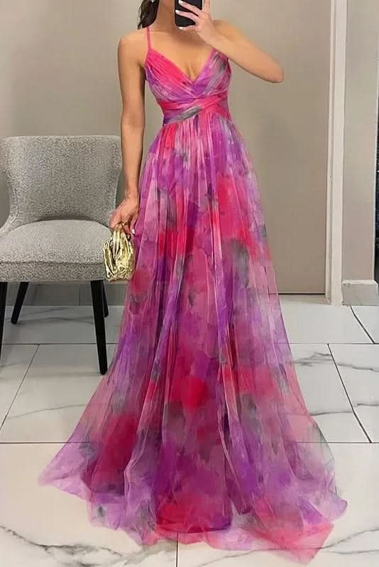 Pink and purple floral tulle gown with wrap-front bodice