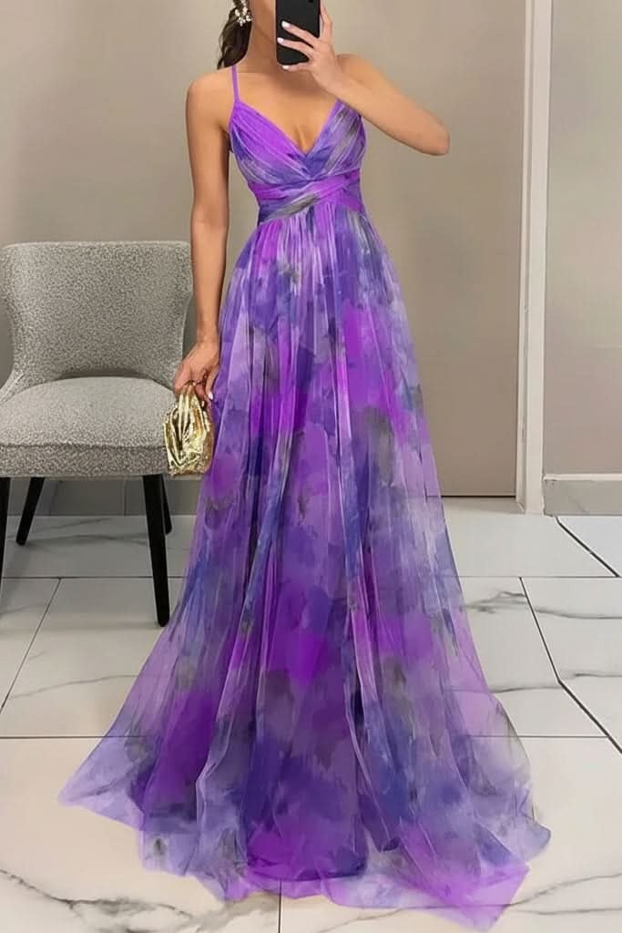 Purple watercolor floral maxi dress with flowy tulle skirt