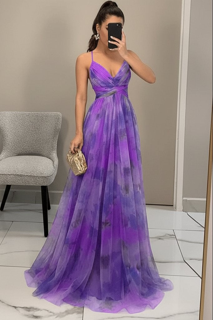 Purple floral tulle evening gown with V-neckline and thin straps