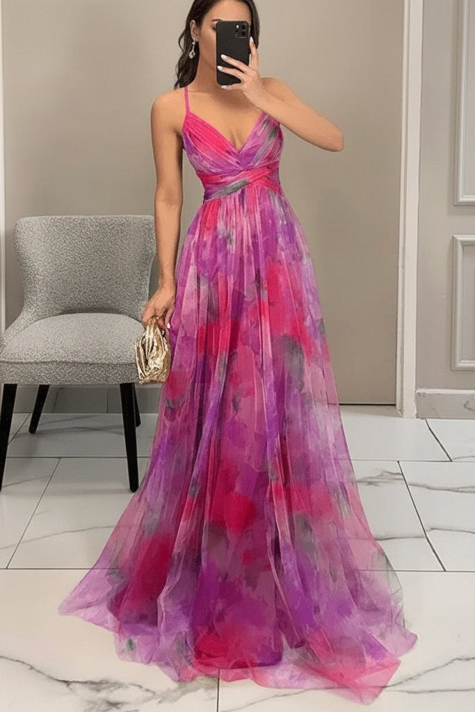Pink and purple floral maxi dress with sweetheart neckline and tulle skirt
