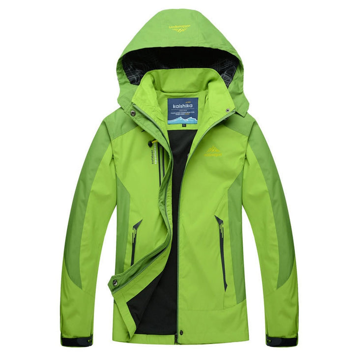 Green hooded waterproof outdoor jacket with zippered front pockets