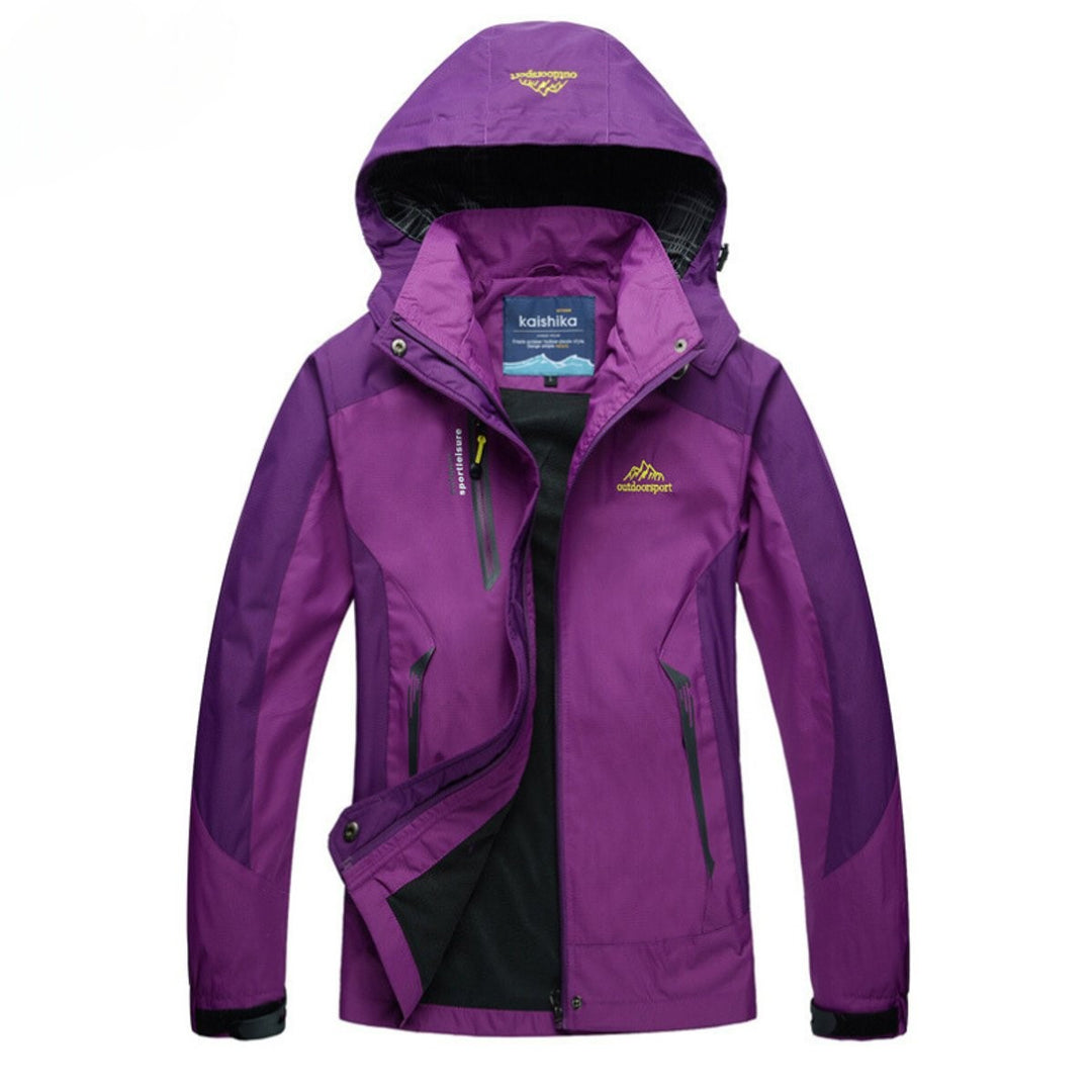 Purple hooded waterproof shell jacket with contrast side paneling