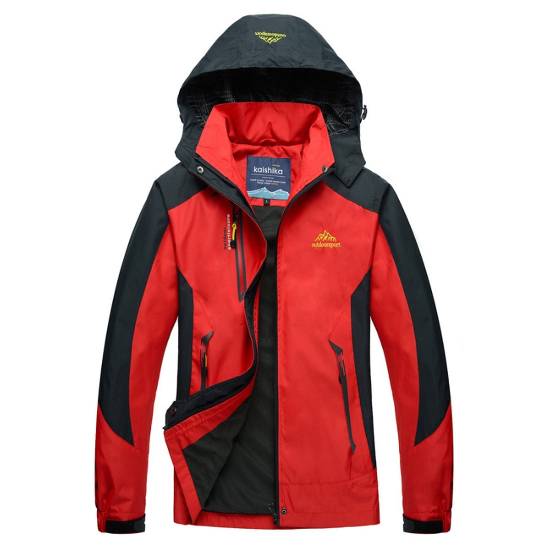 Red and black hooded waterproof outdoor jacket with zip pockets