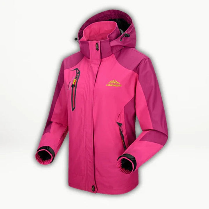 Pink and magenta women's hooded waterproof shell jacket with ribbed cuffs