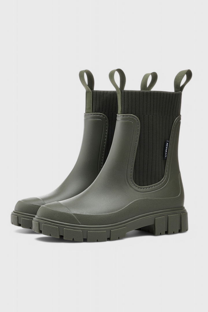 olive green Chelsea rain boots featuring ribbed knit cuff detail