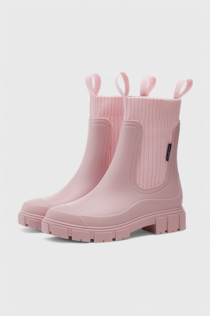 blush pink waterproof Chelsea boots with platform lug sole