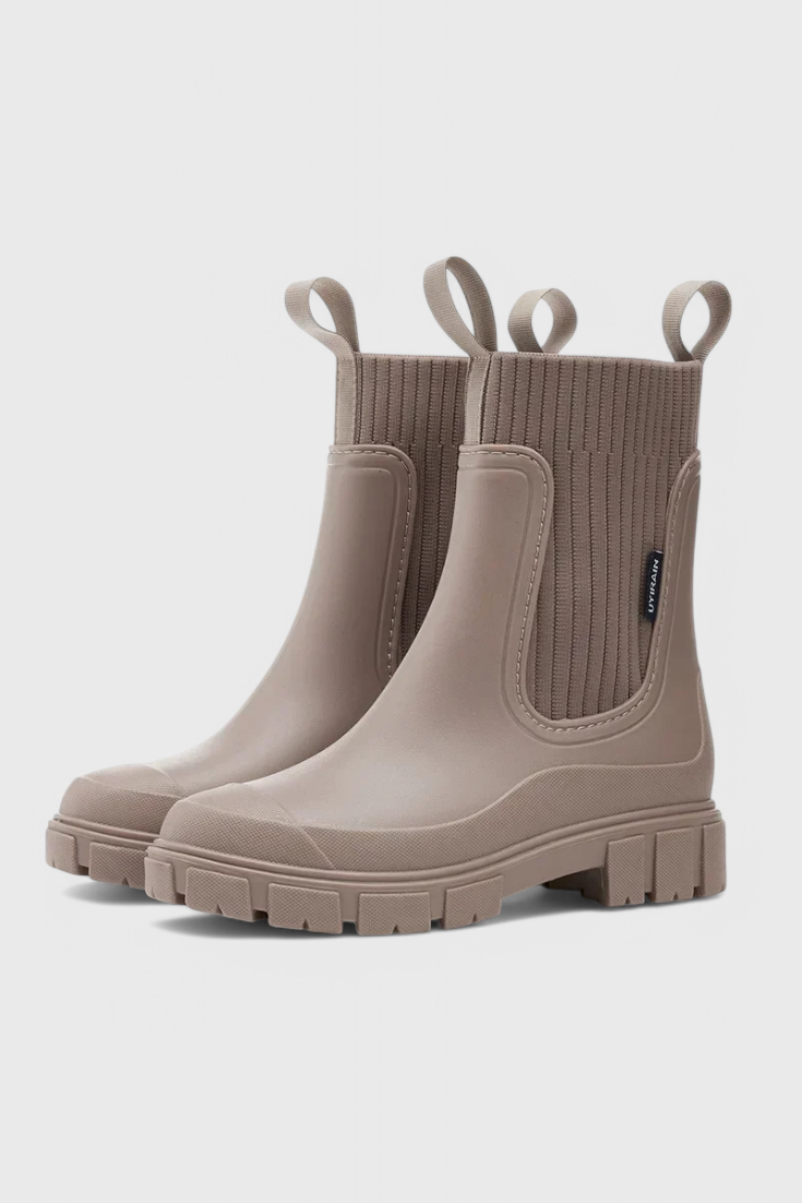 taupe Chelsea rain boots with ribbed sock-style ankle panel