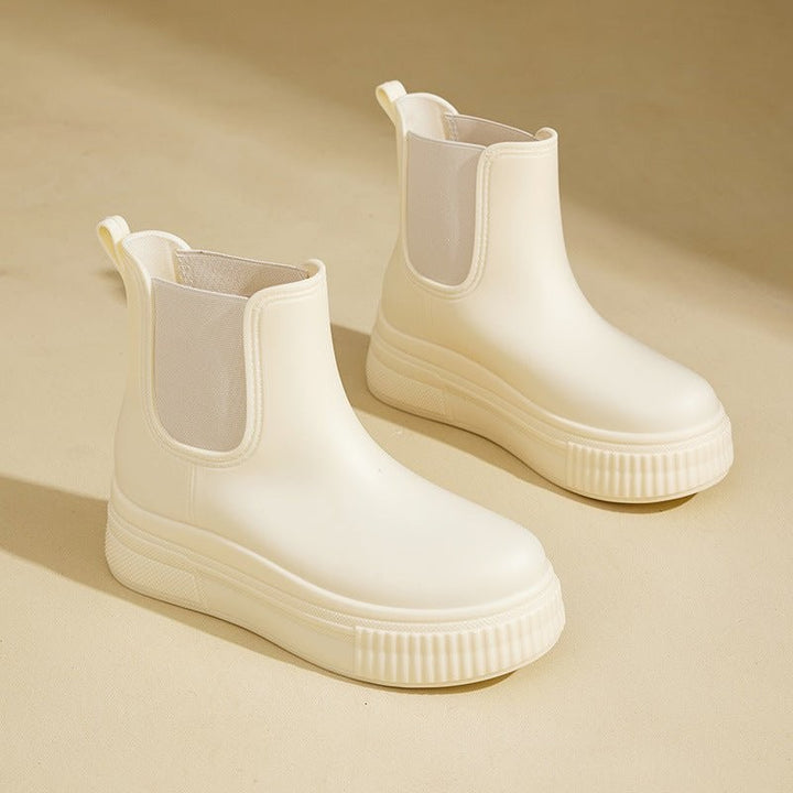 Cream white Chelsea platform rain boots with ribbed rubber sole