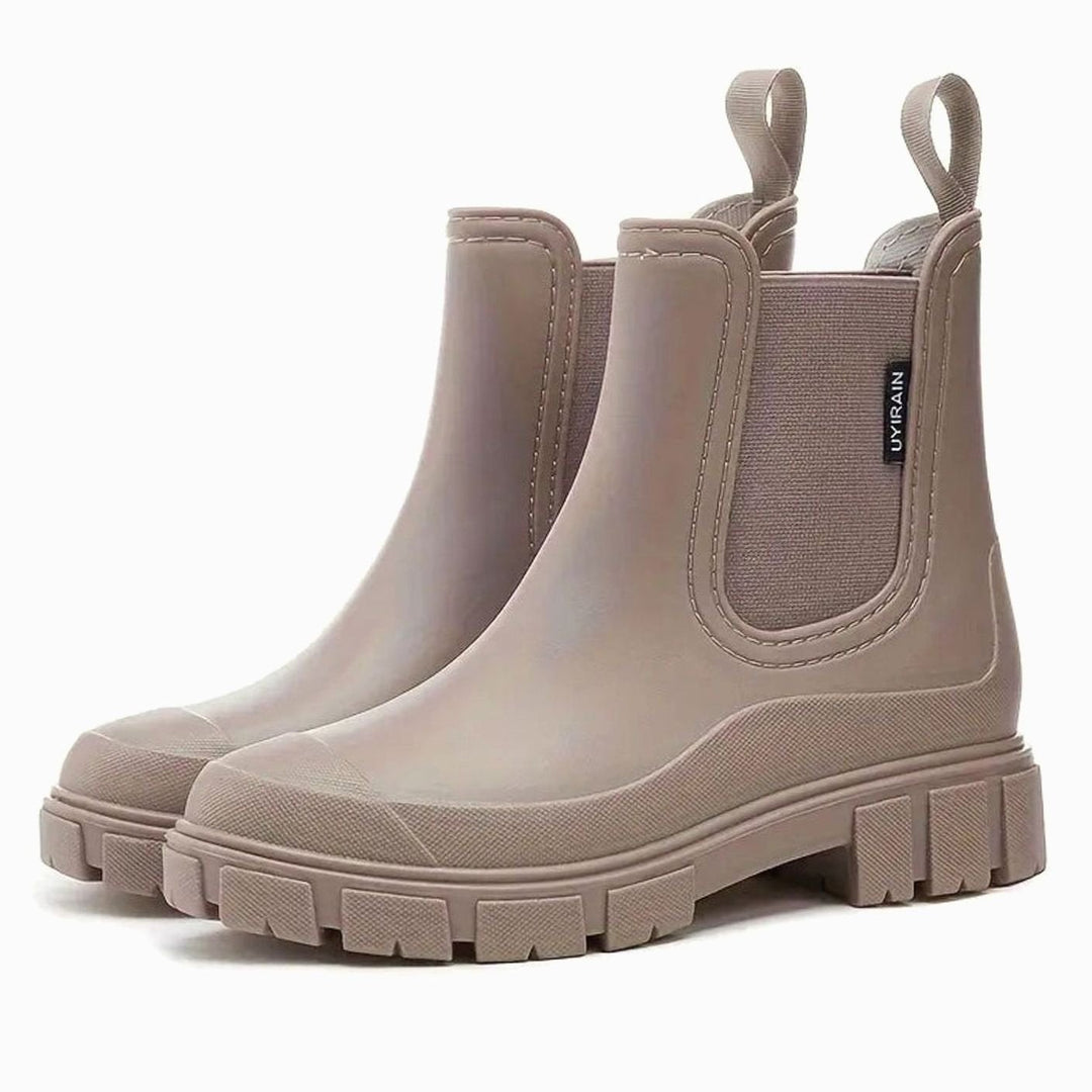 Mushroom-brown waterproof Chelsea boots featuring ridged platform sole