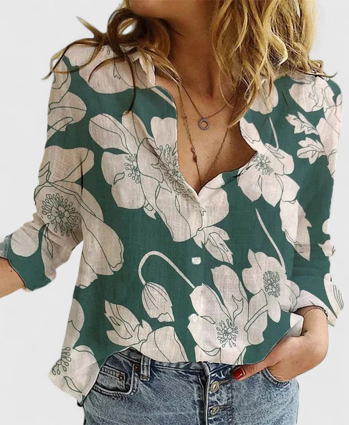 Green floral print linen button-down shirt with lapel collar