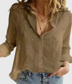 Olive brown linen button-down shirt with scalloped collar detail