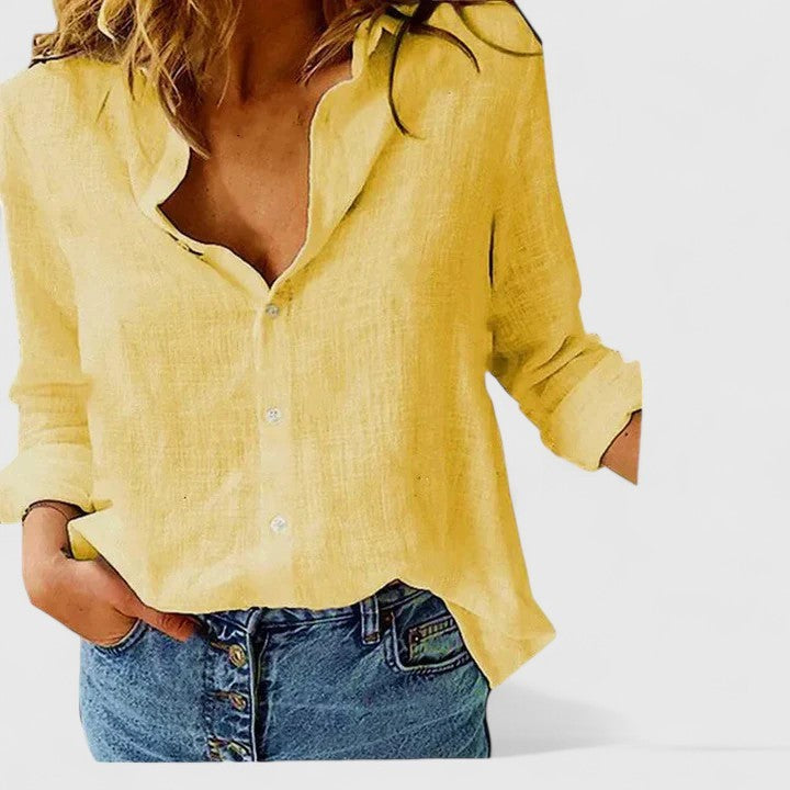 Yellow linen button-down shirt with scalloped collar and rolled cuffs