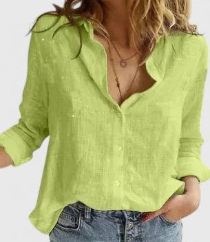 Lime green linen button-down shirt with lapel collar and long sleeves