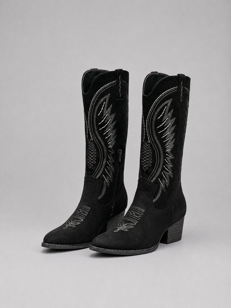 Black suede western boots with contrasting embroidered stitching