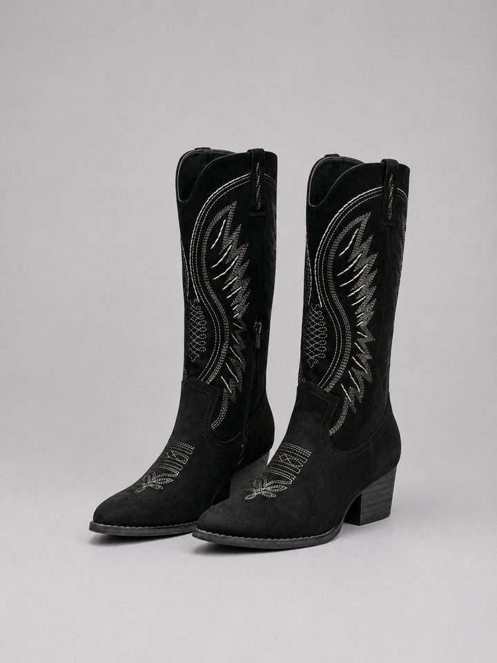 Black suede western boots with contrasting embroidered stitching