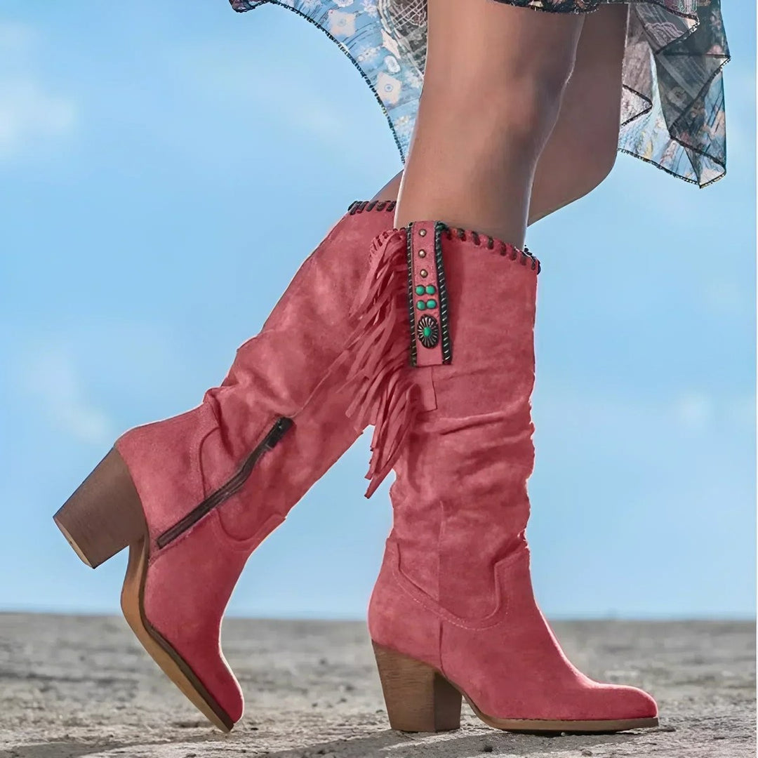Coral suede knee-high fringed boots with turquoise accents and block heel