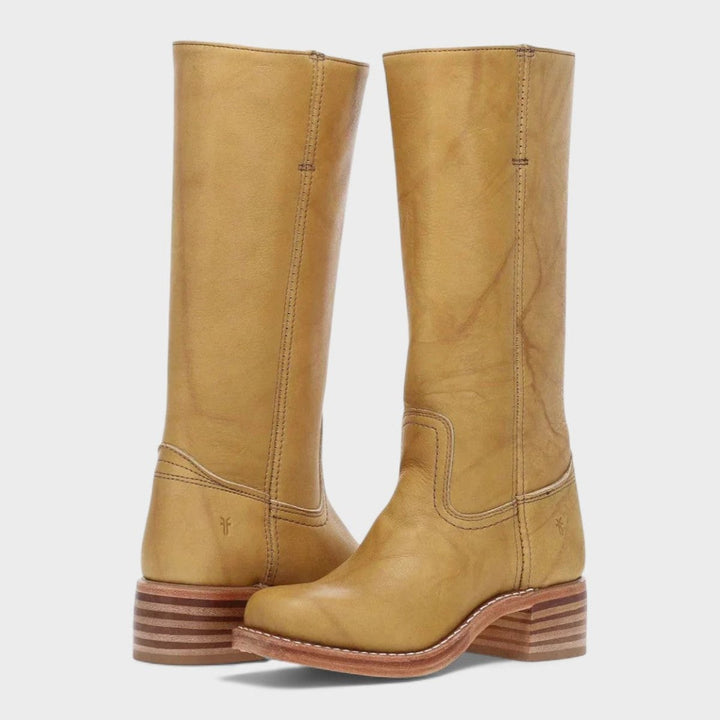Mustard yellow leather knee-high boots with contrast stitching and block heel