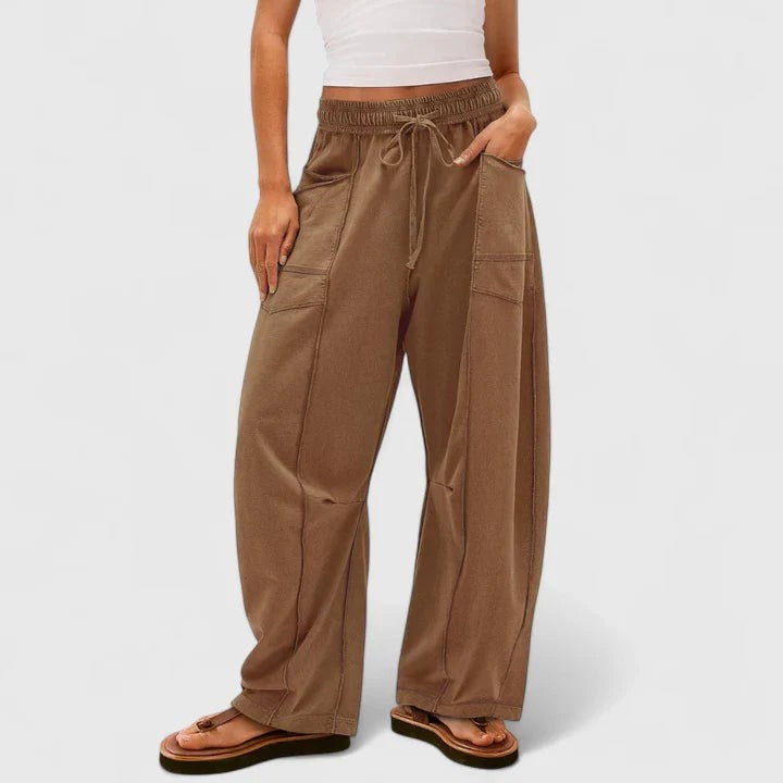 brown wide-leg cargo pants with drawstring waist and patch pockets