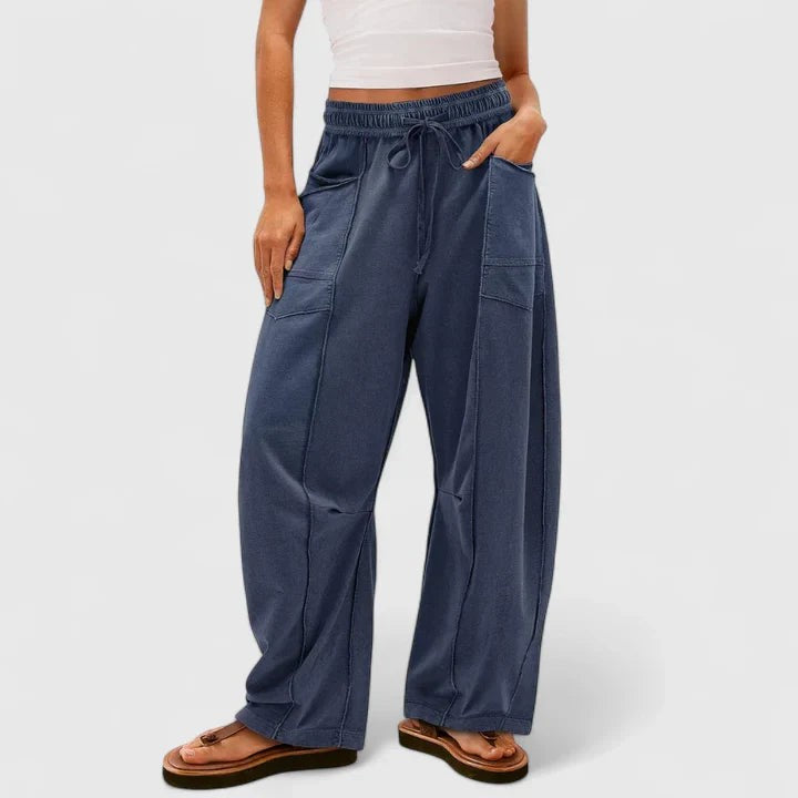 slate blue wide-leg cargo pants with drawstring waist and patch pockets