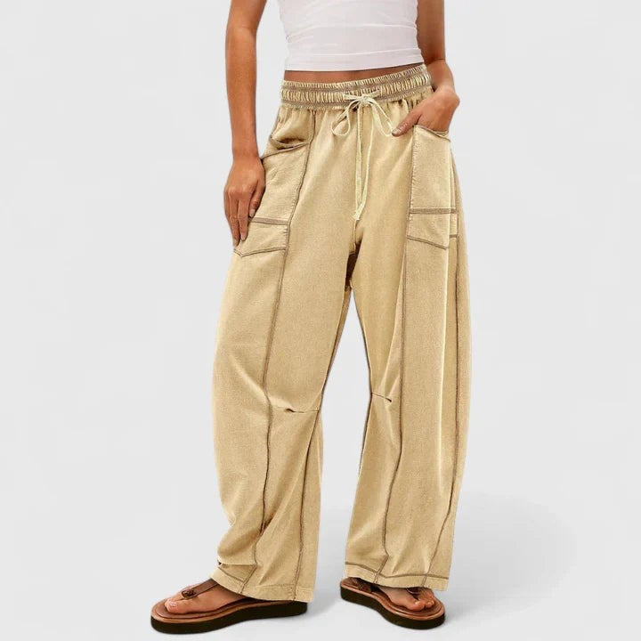 khaki wide-leg cargo pants with elastic drawstring waist and topstitching
