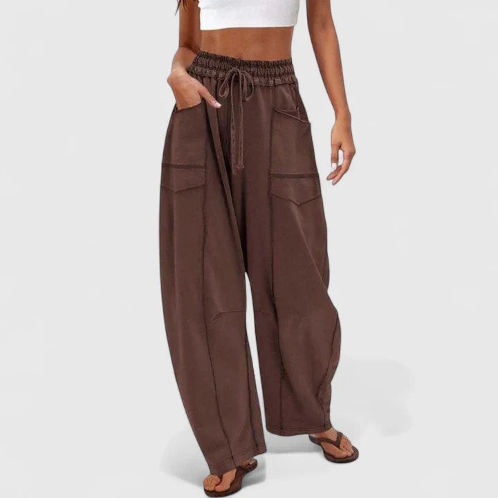 dark brown wide-leg cargo pants with elastic waist and pockets
