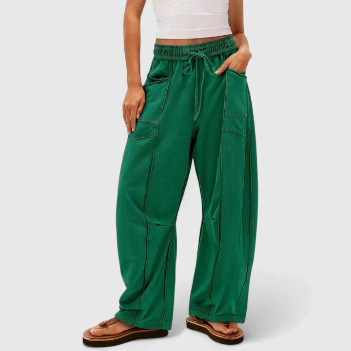emerald green wide-leg cargo pants with elastic waist and pockets