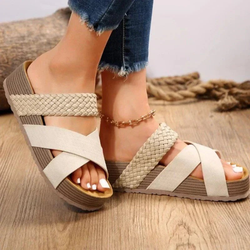 beige woven crisscross platform sandals with cork-style cushioned sole