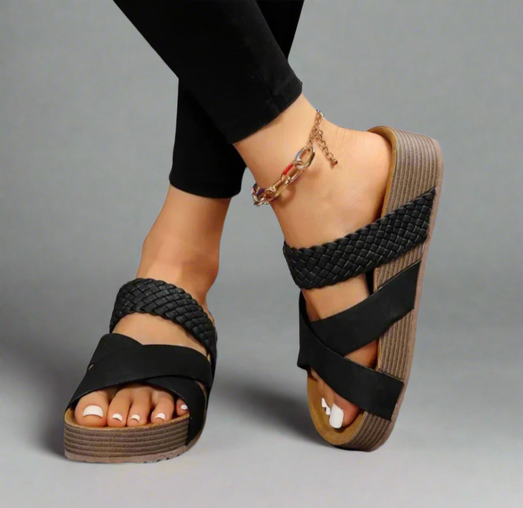 black woven strap platform slide sandals with crisscross straps