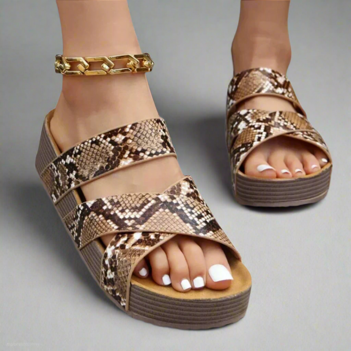 snakeskin print crisscross platform sandals with woven ankle strap