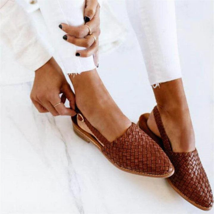 Brown woven vegan leather ballerina flats with slingback strap and pointed toe