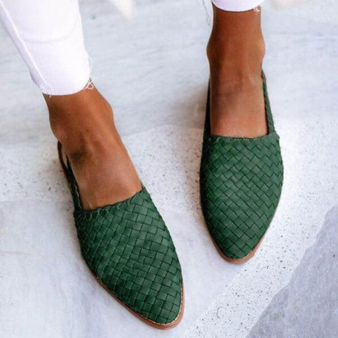 Dark green woven vegan leather ballerina flats with pointed toe design