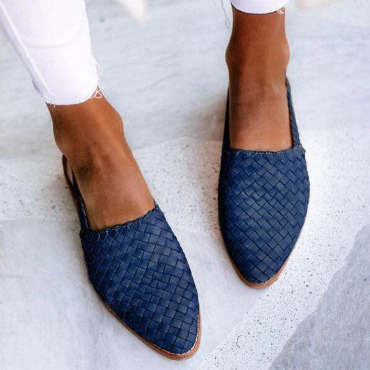 Navy blue woven vegan leather ballerina flats with pointed toe and slingback strap
