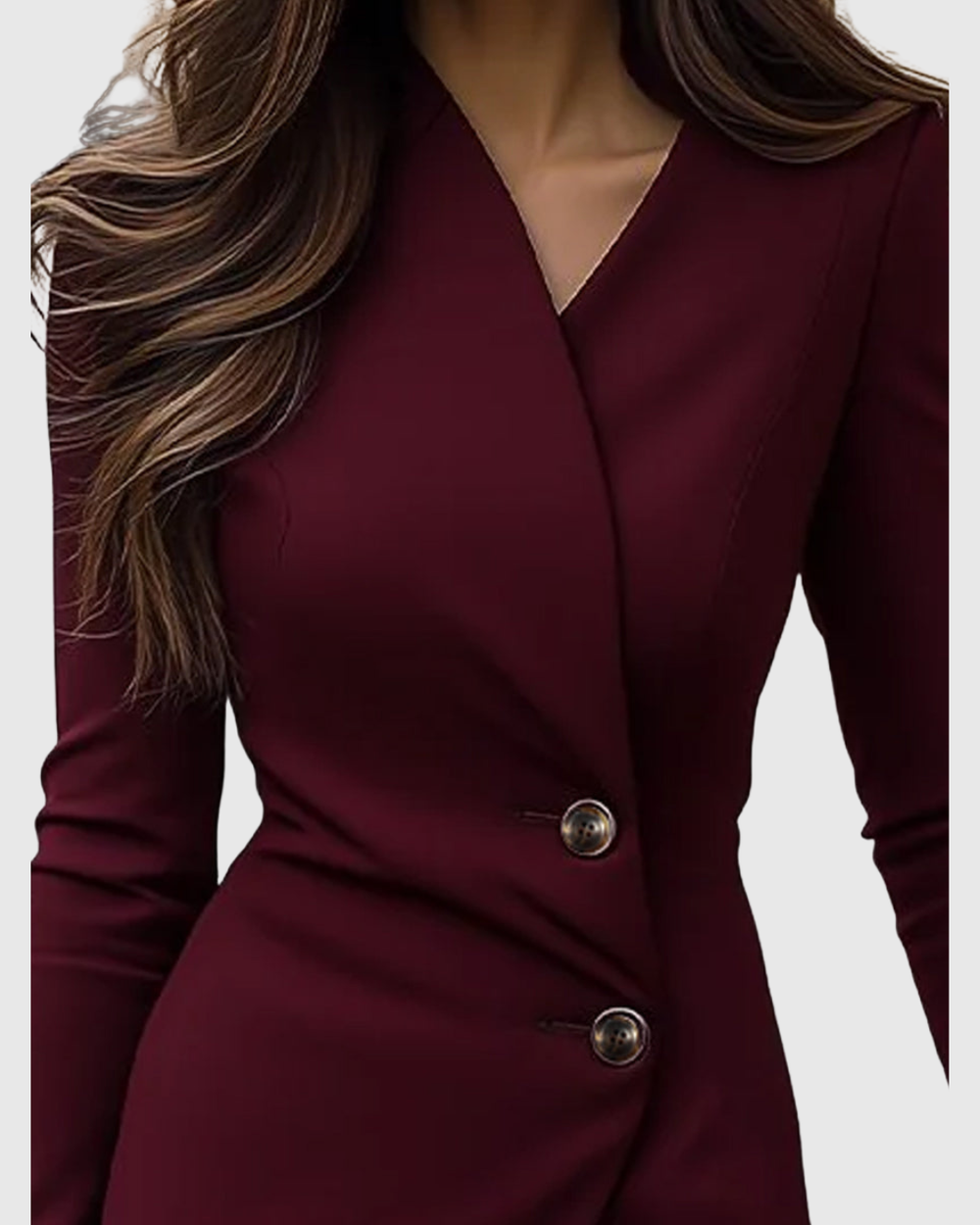 close-up of burgundy wrap dress collar and button closure