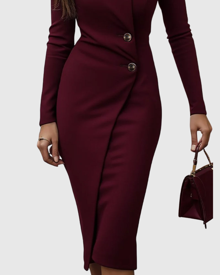 front slit detail on burgundy button-front bodycon midi dress