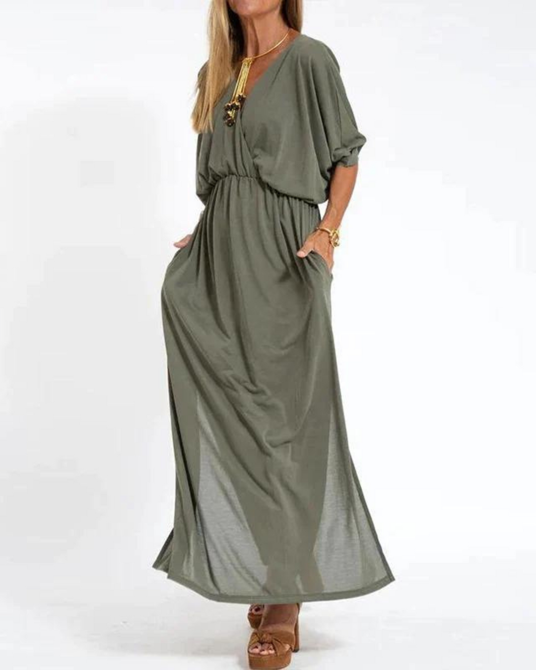 Olive green wrap-front maxi dress with V-neck and batwing sleeves
