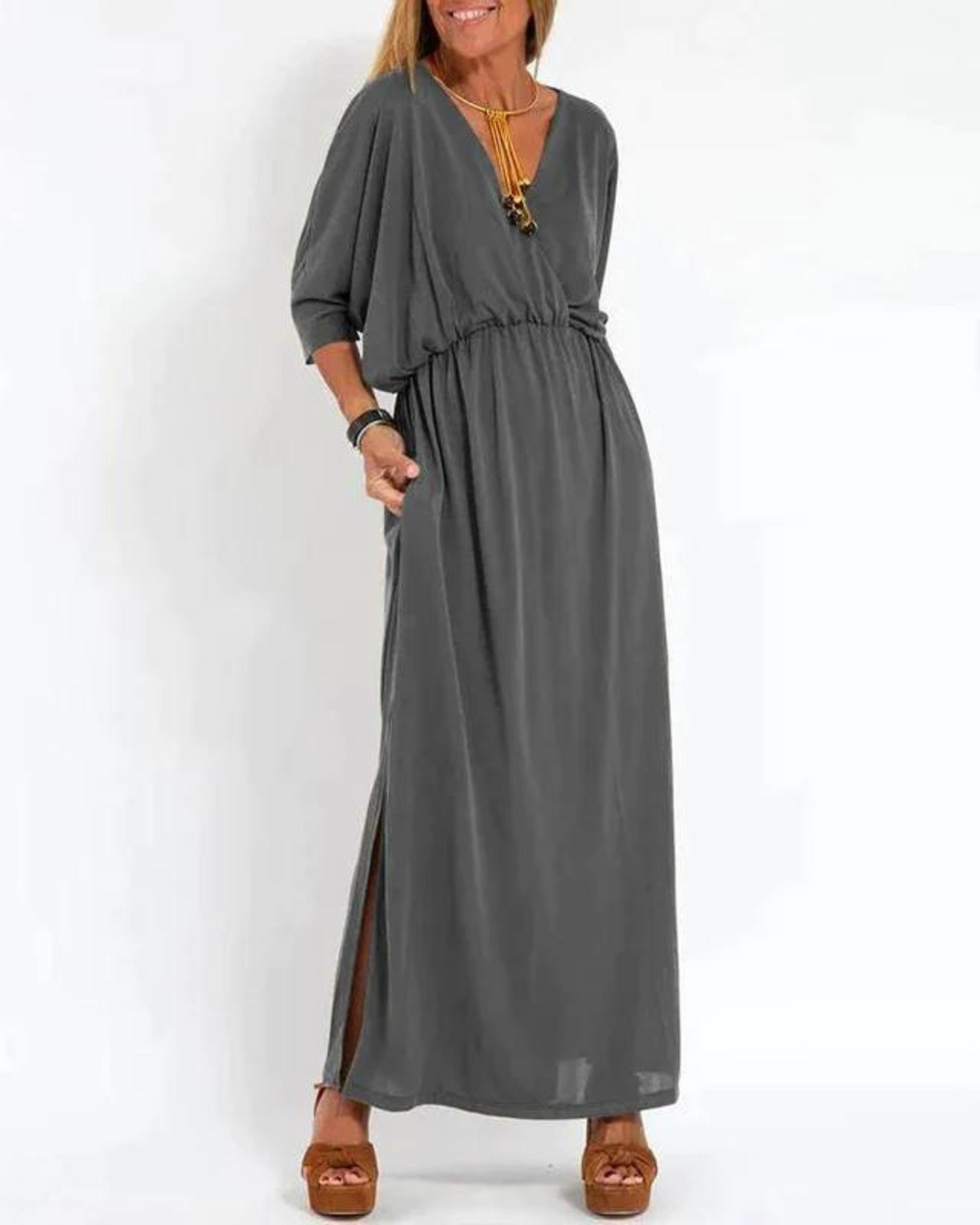 Charcoal gray V-neck maxi dress with cinched waist and side slit