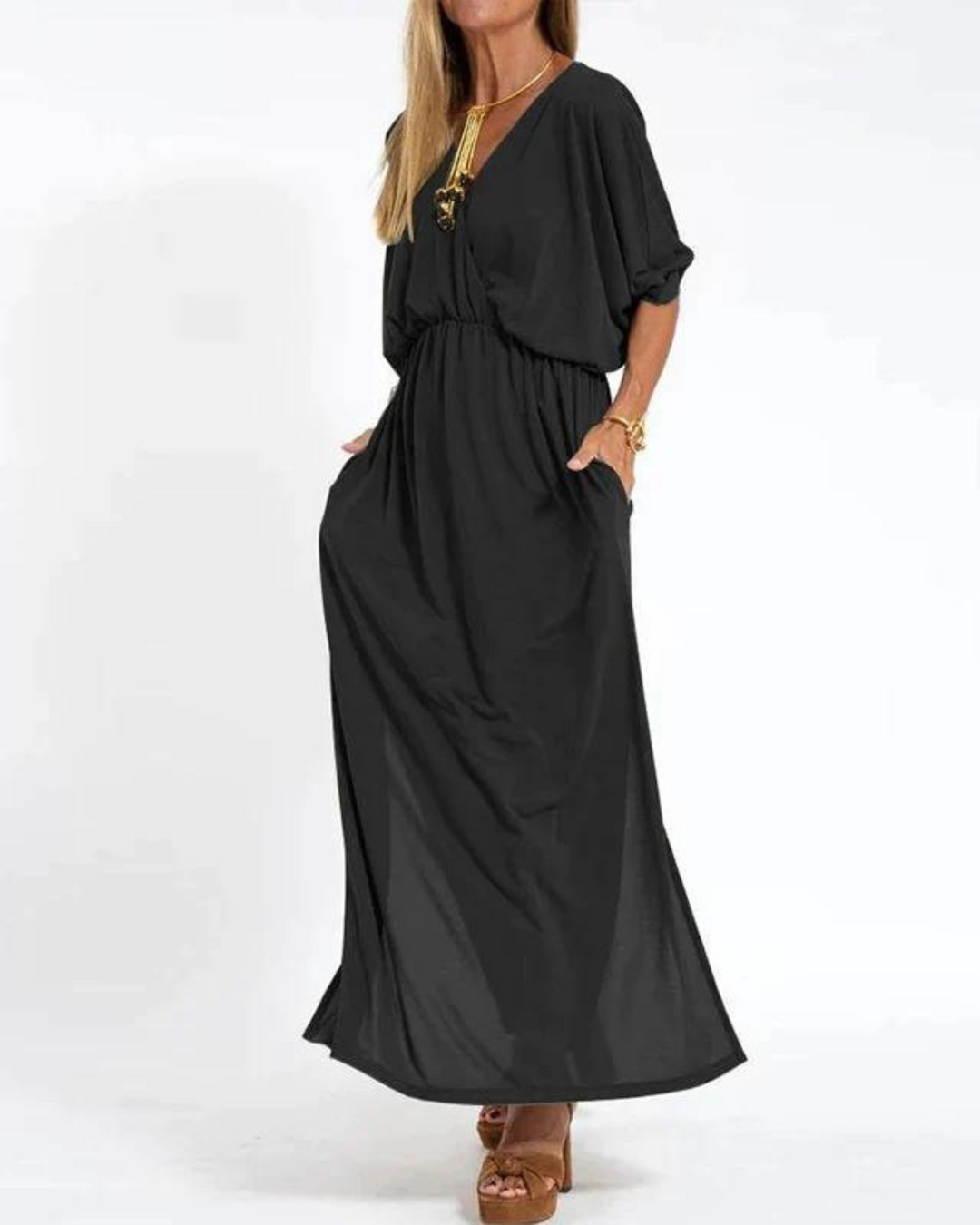 Black wrap maxi dress with three-quarter batwing sleeves and pockets