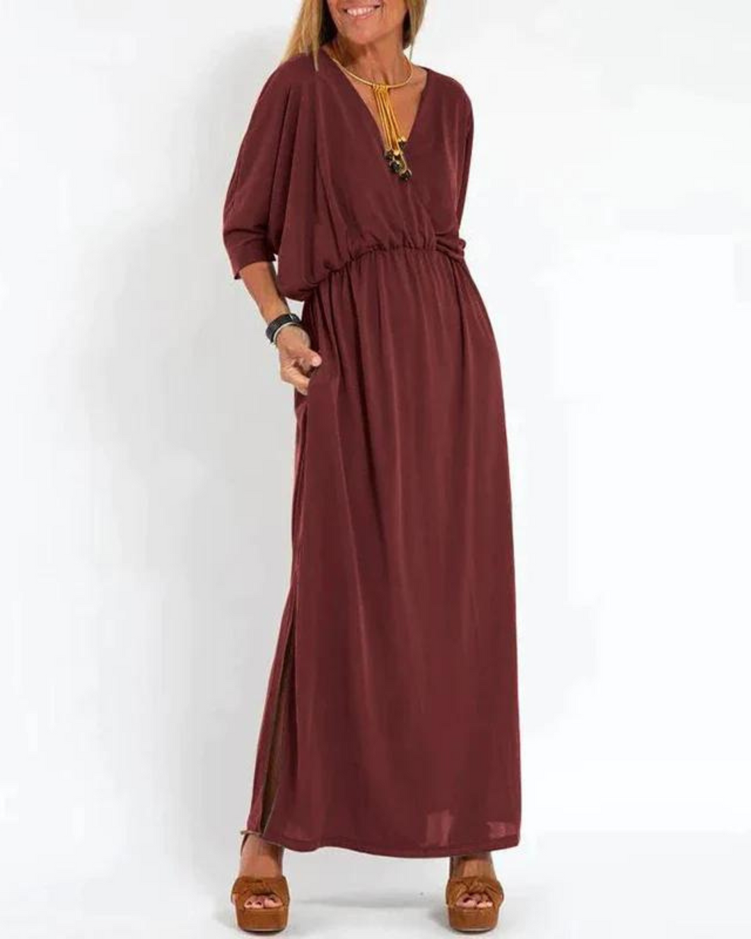 Burgundy V-neck maxi dress with dolman sleeves and side slit