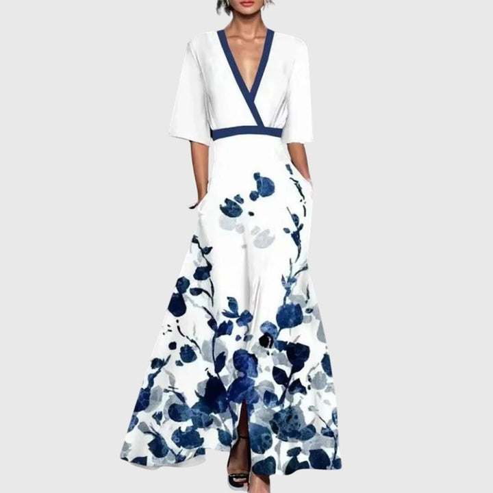 White maxi dress with navy floral print and V-neck wrap bodice
