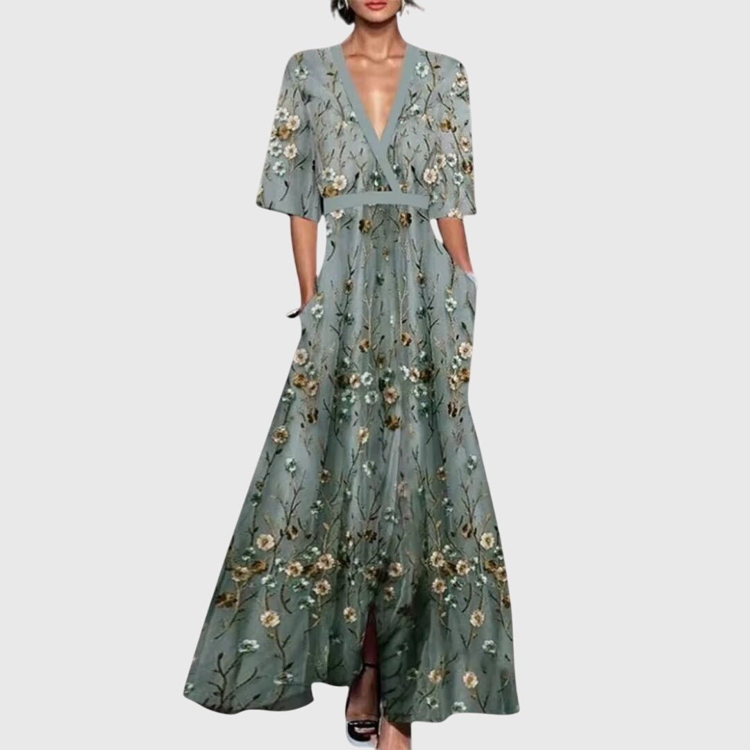Sage green floral maxi dress with V-neck and half sleeves