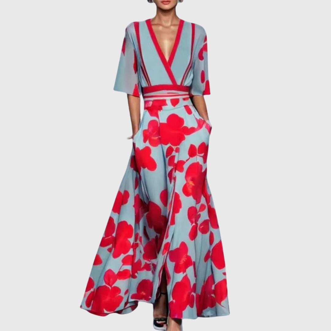 Light blue maxi dress with red floral print and wrap V-neckline