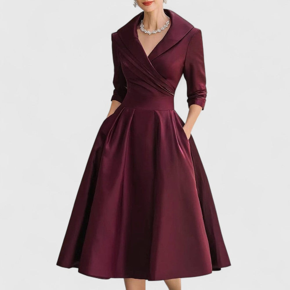 Burgundy satin fit-and-flare dress with collared V-neckline