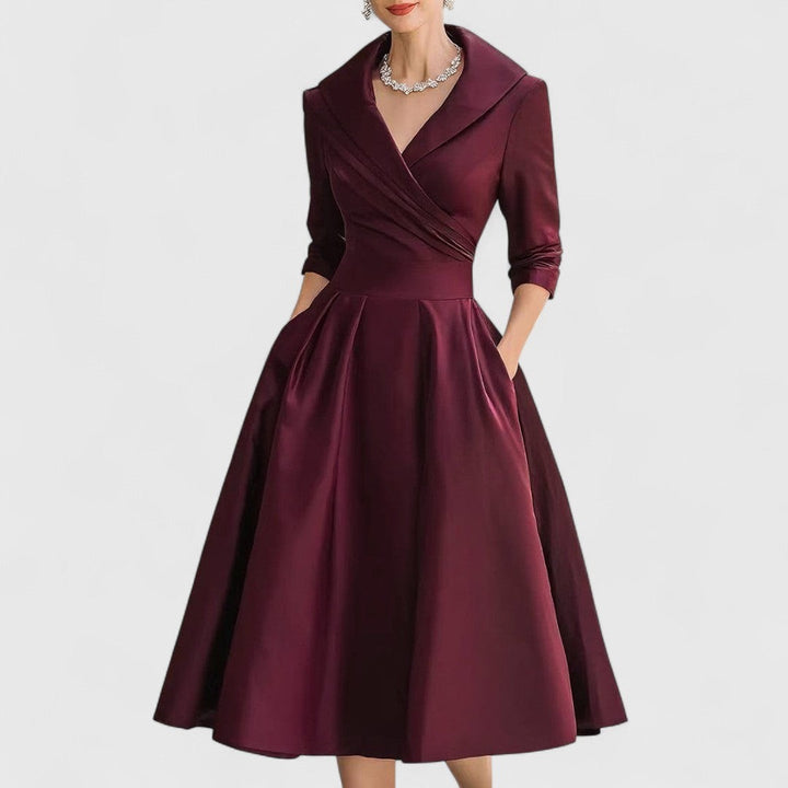 Burgundy satin fit-and-flare dress with collared V-neckline